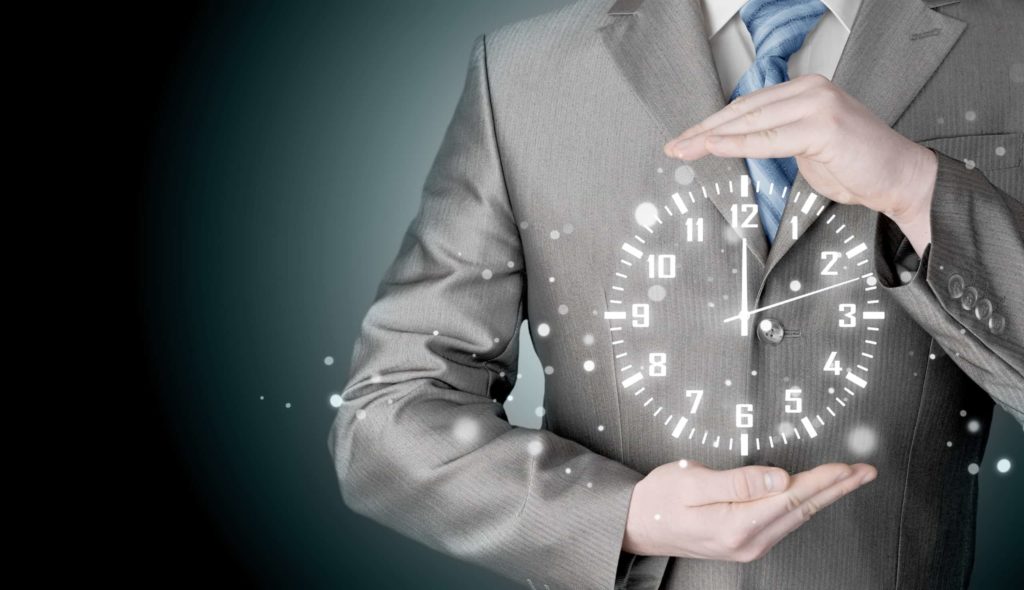 Image Of Businessman Holding Clock Against Illustration Background | ITque