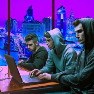 3 Cyber Punk Hackers In Hoodies