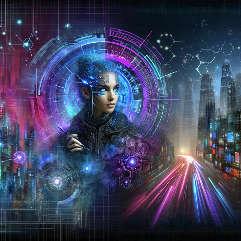 Futuristic female cybersecurity expert in a neon-lit dystopian cityscape, symbolizing advanced big data analytics and digital security.