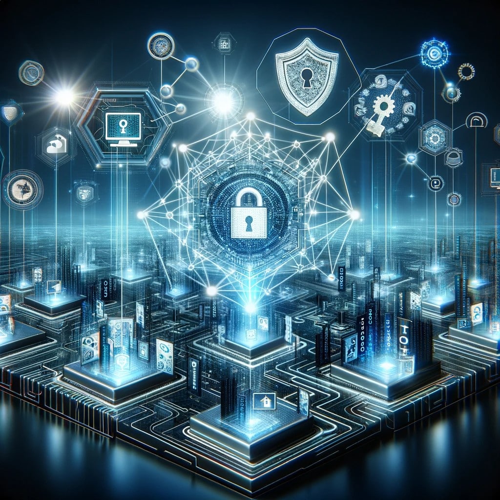 Futuristic digital landscape illustrating blockchain technology in cybersecurity with interconnected nodes, digital locks, keys, IoT devices, and a shield against ransomware.
