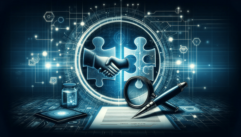 This image is a visual representation of the integration of technology and corporate strategy in the context of Managed Service Provider (MSP) acquisitions. It features a background subtly decorated with a network grid or digital connections, symbolizing the technological aspect of MSPs. Prominently displayed are abstract symbols, such as interlocking puzzle pieces or a handshake merged with digital elements, representing a corporate merger or acquisition. A focal point of the image is a magnifying glass closely examining a contract or document, illustrating the importance of meticulous review in these business transactions. The color palette is composed of professional shades of blue, gray, and white, emphasizing a clean, technology-oriented theme. The overall style of the image is modern and sleek, rendered in high-quality vector graphics for clear visual impact