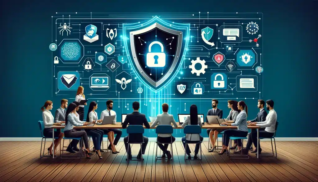 Engaged employees participating in ITque's Free Cybersecurity Awareness Training For Employees, gathered around a digital screen displaying a protective shield symbol, with icons representing cyber threats floating around, emphasizing collaboration and empowerment in cybersecurity education.