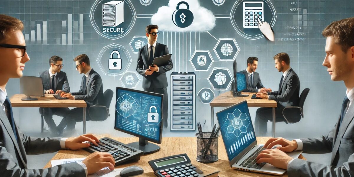 Accountants working with computers and cloud-based accounting software, featuring secure servers and IT professionals assisting in a modern office.