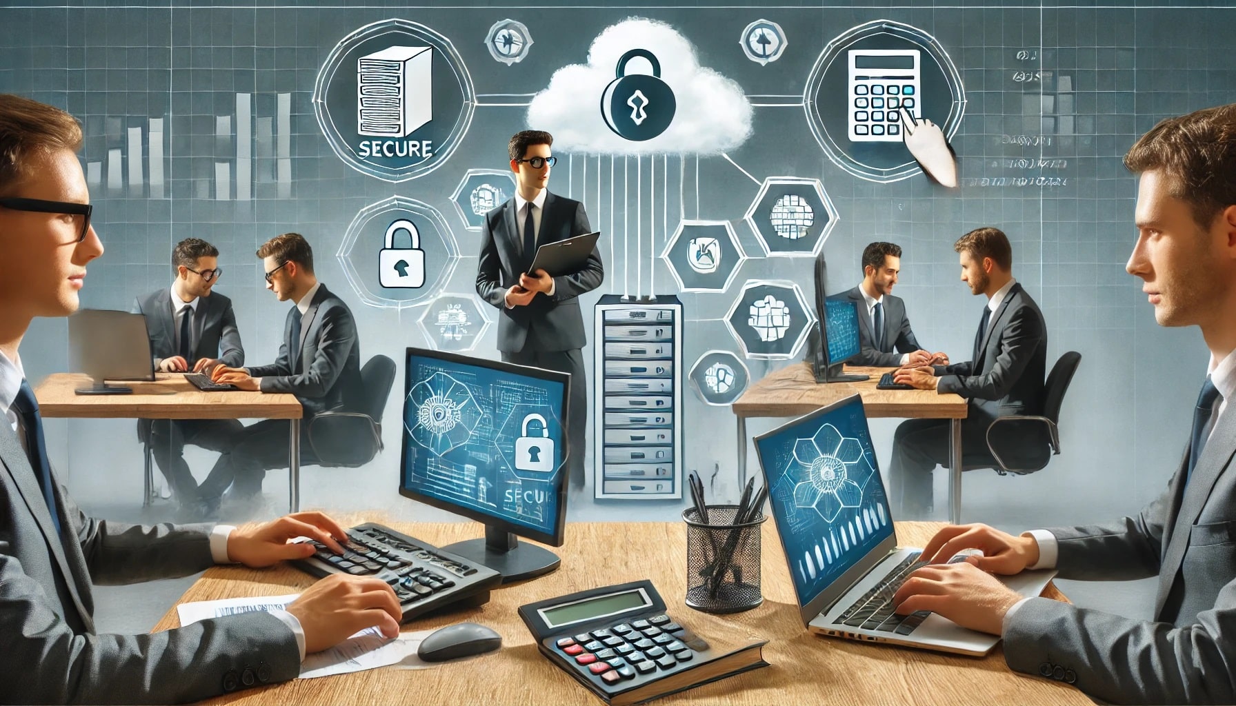 Accountants working with computers and cloud-based accounting software, featuring secure servers and IT professionals assisting in a modern office.